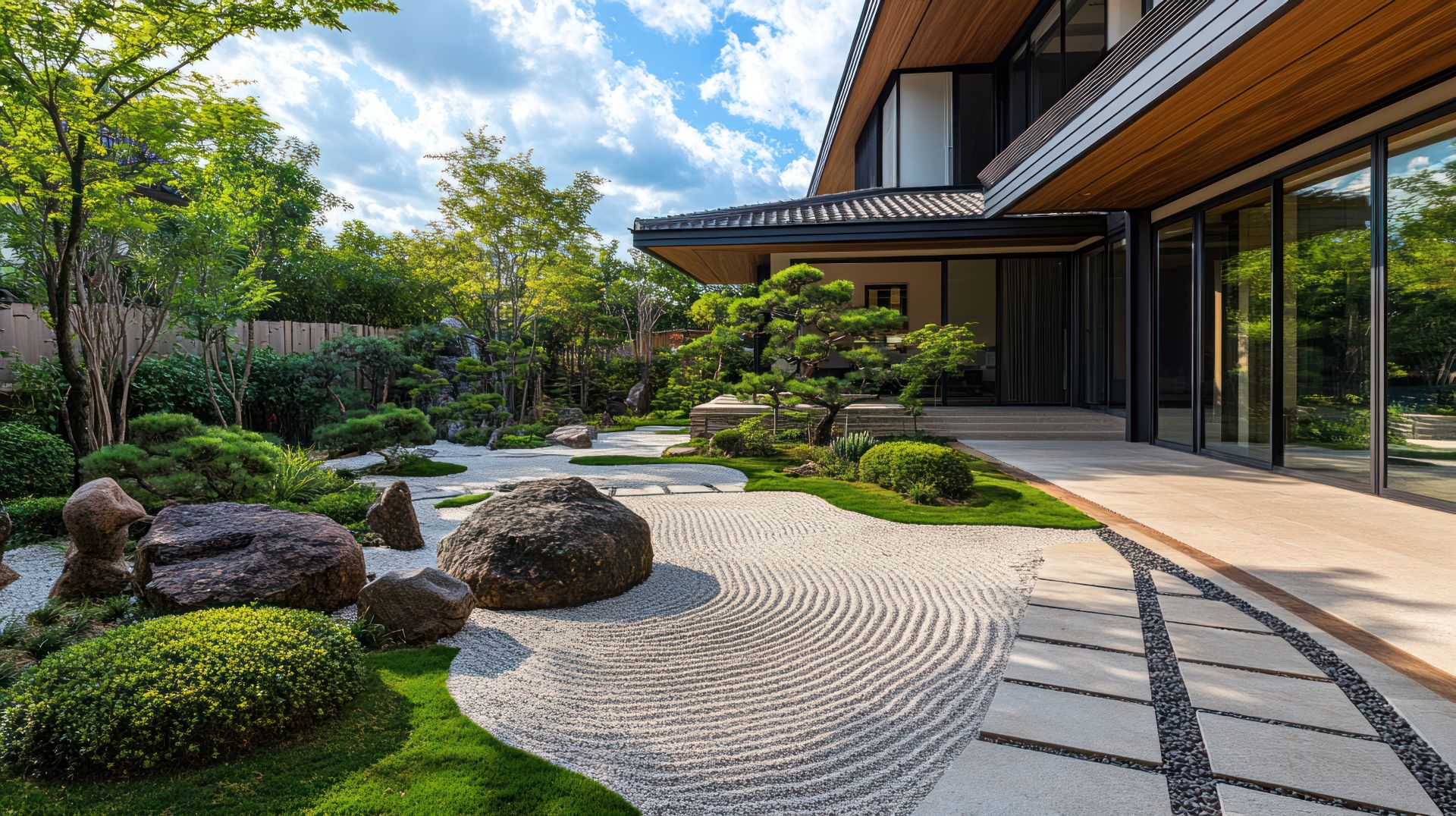 Japanischer Zen-Garten mit Kiesmustern, Steinen, Bäumen und moderner Architektur, ideal für eine ruhige Pavillon-ähnliche Atmosphäre.